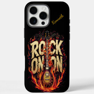 Funda iPhone 16 Pro Max Guitarra en llamas con tipografía inspirada en el