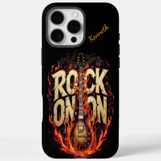 Funda iPhone 16 Pro Max Guitarra en llamas con tipografía inspirada en el