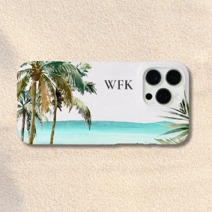 Funda iPhone 16 Pro Max Hojas de palmera tropical monogramadas Playa Azul
