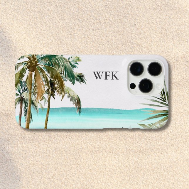 Funda iPhone 16 Pro Max Hojas de palmera tropical monogramadas Playa Azul (Close up)