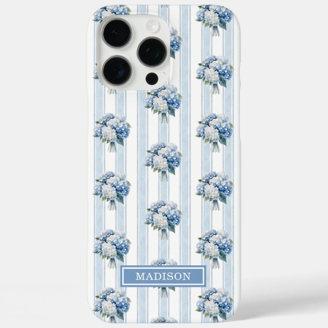 Funda iPhone 16 Pro Max Hortensias Azules sobre Rayas (Reverso )