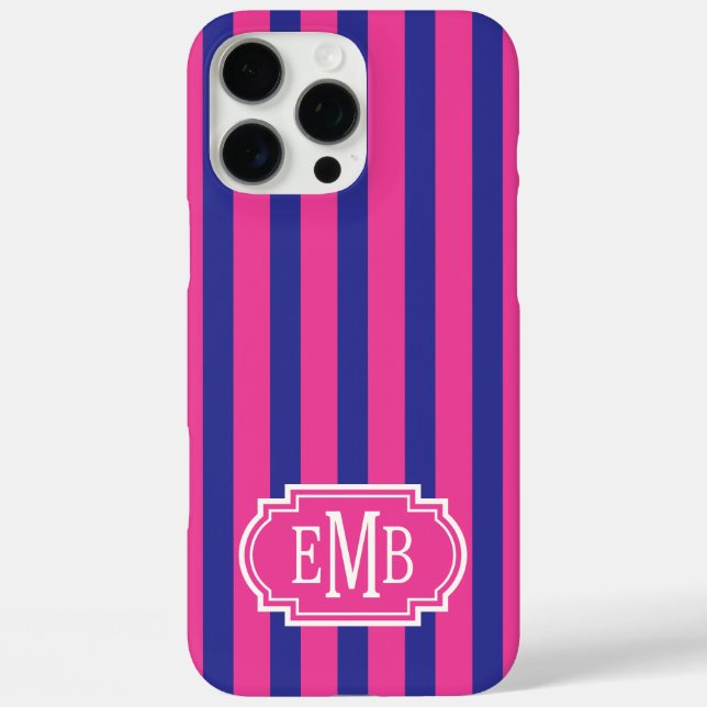 Funda iPhone 16 Pro Max Hot Pink and Navy Blue Monogrammed Stripes (Reverso )