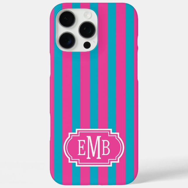 Funda iPhone 16 Pro Max Hot Pink and Turquoise Monogrammed Stripes (Reverso )