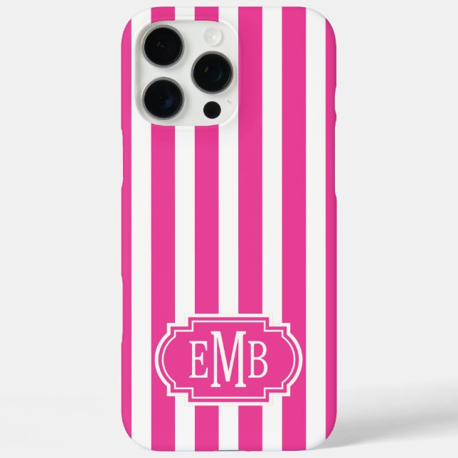 Funda iPhone 16 Pro Max Hot Pink and White Monogrammed Stripes (Reverso )