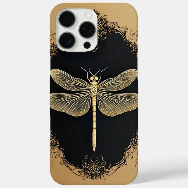 Funda iPhone 16 Pro Max Ilustración elegante de libélula dorada (Reverso )