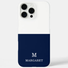 Funda iPhone 16 Pro Max inicial nombre personalizado azul marino y blanco