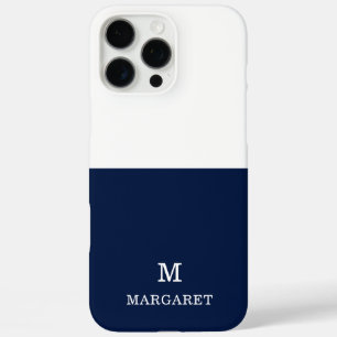 Funda iPhone 16 Pro Max inicial nombre personalizado azul marino y blanco