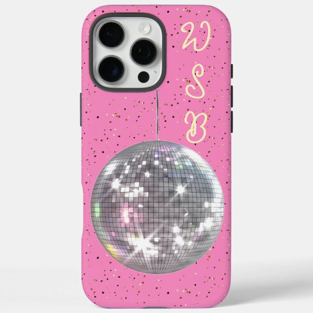 Funda iPhone 16 Pro Max Iniciales Personalizadas de Disco Ball Hot Pink (Reverso)