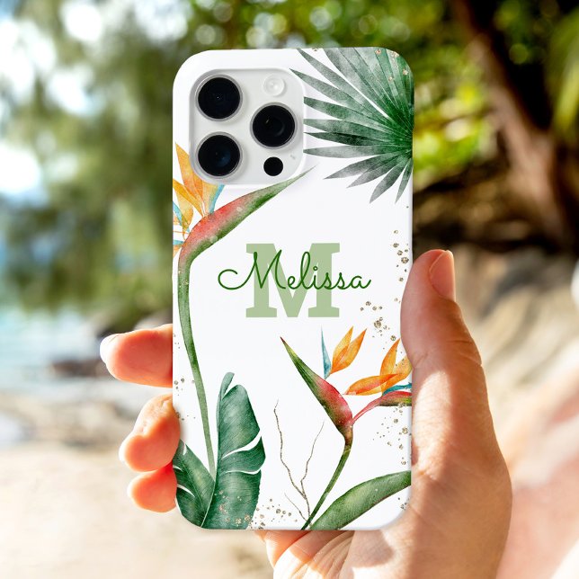 Funda iPhone 16 Pro Max Isla Tropical Monograma Floral Guión Dorado Blanco (Subido por el creador)