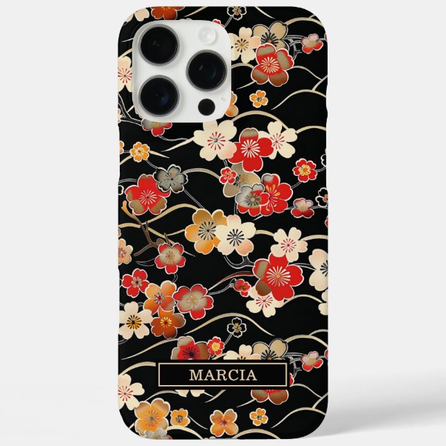 Funda iPhone 16 Pro Max Japanese Black Floral Pattern Monogrammed (Reverso )