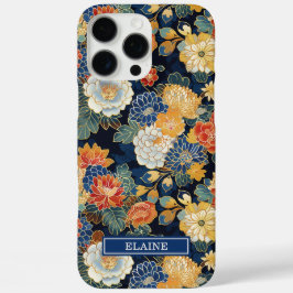 Funda iPhone 16 Pro Max Japanese Blue Floral Pattern Monogrammed