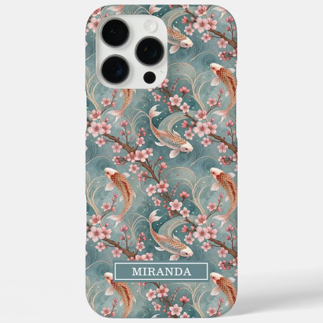 Funda iPhone 16 Pro Max Japanese Sakura Koi Fish Pattern Monogrammed (Reverso )
