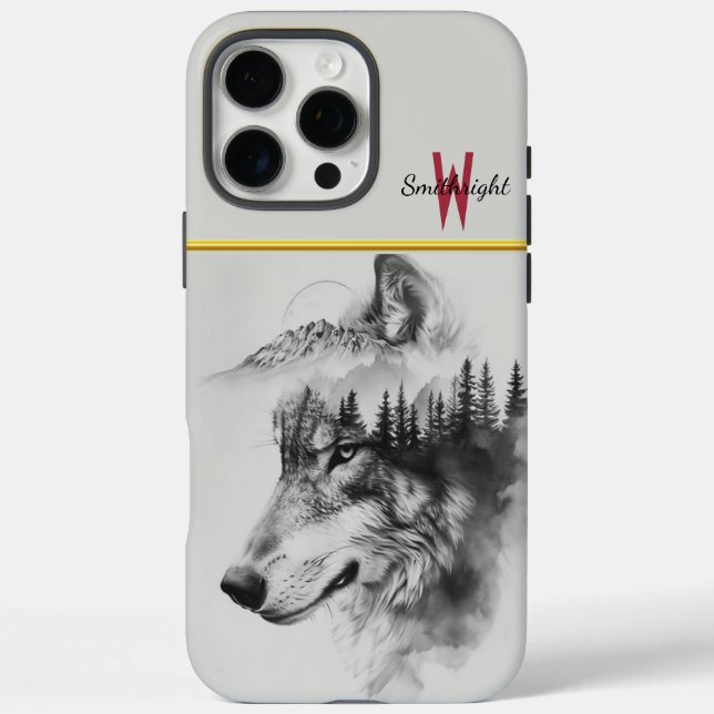 Funda iPhone 16 Pro Max La silueta de lobo se mezcla con las montañas (Reverso)
