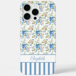 Funda iPhone 16 Pro Max Lazos Coquette Azules Con Flores Monogramadas