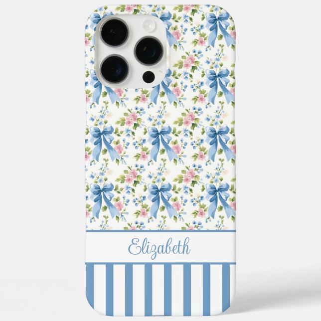 Funda iPhone 16 Pro Max Lazos Coquette Azules Con Flores Monogramadas  (Reverso )
