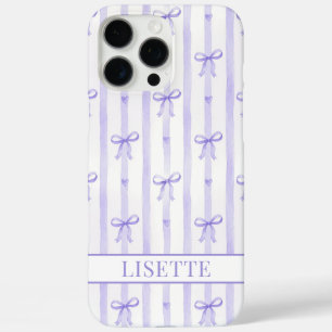 Funda iPhone 16 Pro Max Lazos de Coqueta con Rayas Moradas Elegantes Monog