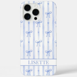 Funda iPhone 16 Pro Max Lazos de Coqueta de Rayas Azules Elegantes Monogra