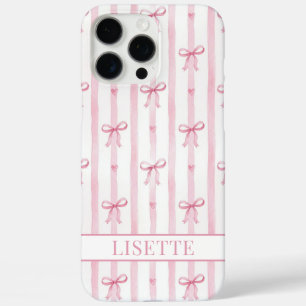 Funda iPhone 16 Pro Max Lazos de Coqueta de Rayas Rosadas Elegantes Monogr