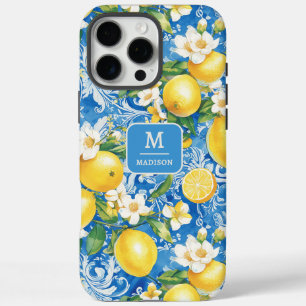 Funda iPhone 16 Pro Max Lema de Citrus Monograma Nombre Azul Amarillo Flor