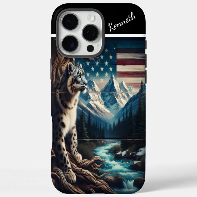 Funda iPhone 16 Pro Max Leopardo de la nieve bajo una bandera estrellada (Reverso)