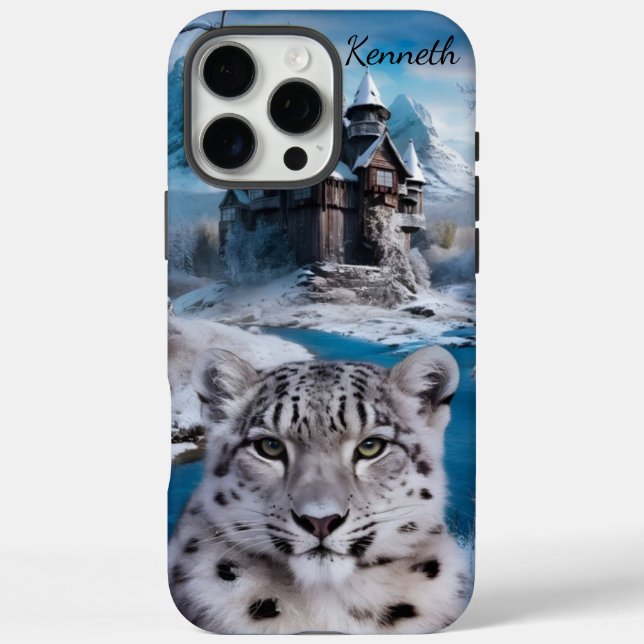 Funda iPhone 16 Pro Max Leopardo de la nieve por el castillo helado (Reverso)