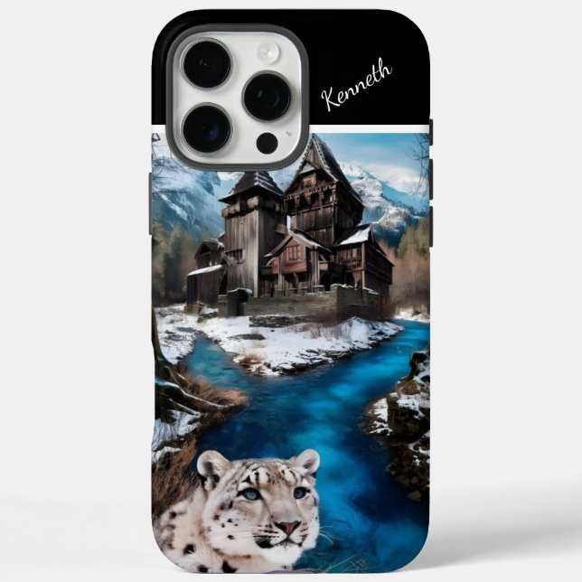 Funda iPhone 16 Pro Max Leopardo de las nieves junto al río Azul (Reverso)