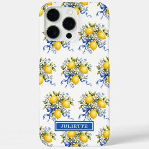 Funda iPhone 16 Pro Max Limoneros con flores azules monogramados al aguare