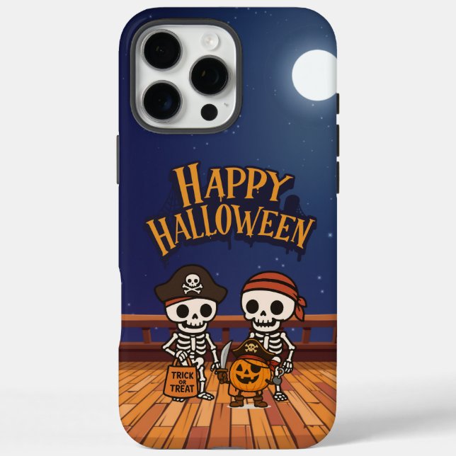 Funda iPhone 16 Pro Max lindo, esqueletos y calabaza Halloween (Reverso)
