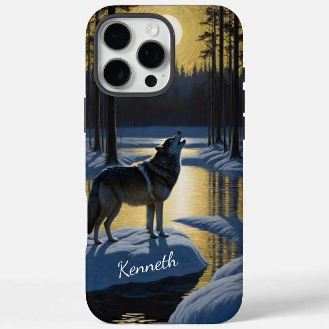 Funda iPhone 16 Pro Max Lobo con plenas lunas por río congelado (Reverso)