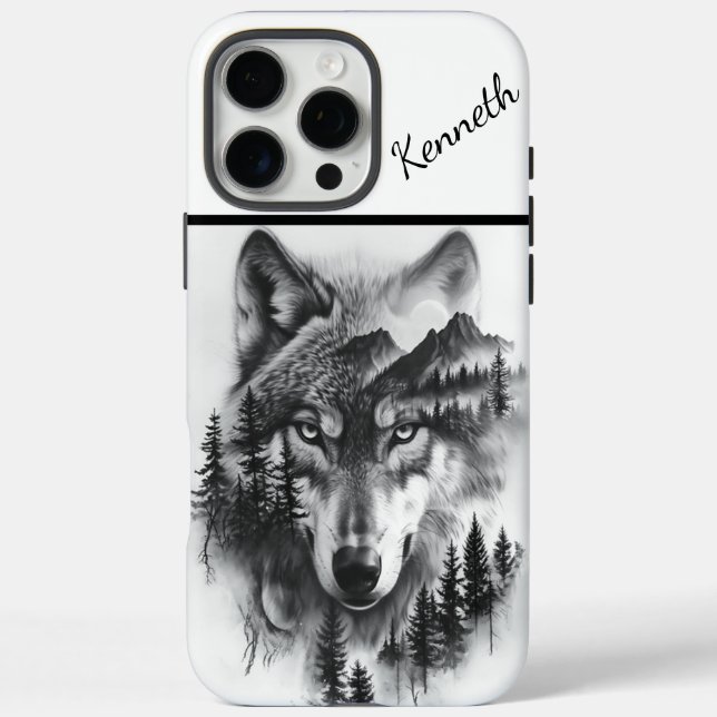 Funda iPhone 16 Pro Max Lobo entre montañas y bosque (Reverso)