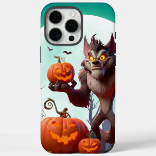 Funda iPhone 16 Pro Max Lobo feroz y calabazas de Halloween