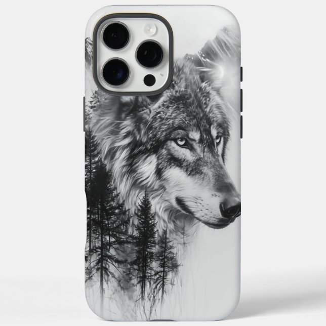 Funda iPhone 16 Pro Max Lobo majestuoso entre montañas nieblas y pinos alt (Reverso)