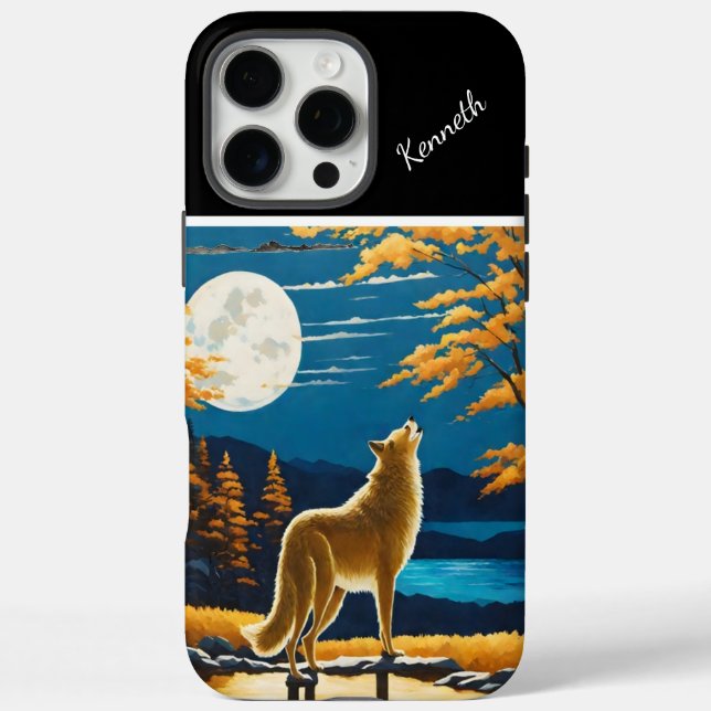 Funda iPhone 16 Pro Max Lobos llorando a plena Luna durante el atardecer (Reverso)