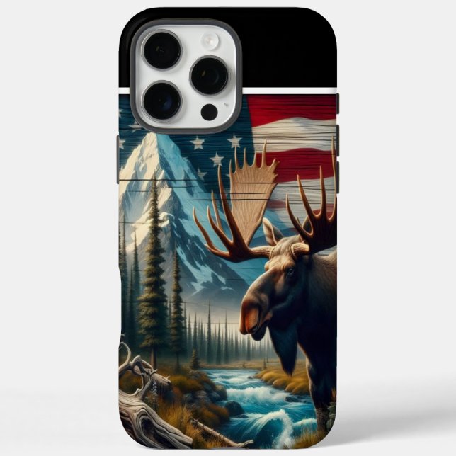 Funda iPhone 16 Pro Max Majestic Moose Y Bandera Americana (Reverso)