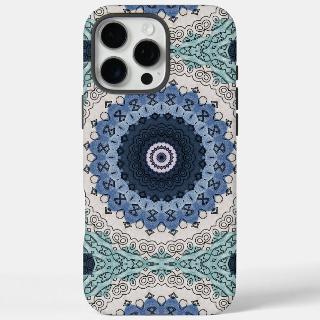 Funda iPhone 16 Pro Max Mandala azul y Verde azulada con simetría geométri (Reverso)