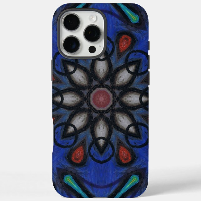 Funda iPhone 16 Pro Max Mandalá de Caleidoscopio Azul con Acentos Rojos y  (Reverso)