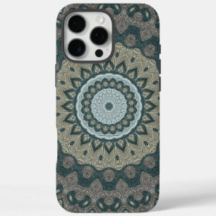 Funda iPhone 16 Pro Max Mándala de color taupe y azul verdoso con simetría