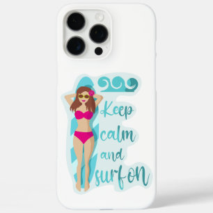 Funda iPhone 16 Pro Max Mantén la calma y surfea en tarjeta de chica moren