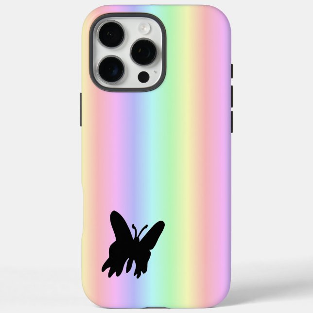 Funda iPhone 16 Pro Max Mariposa negra en el arcoiris pastel (Reverso)