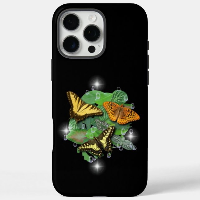 Funda iPhone 16 Pro Max Mariposas con gotas de lluvia de hojas y estrellas (Reverso)