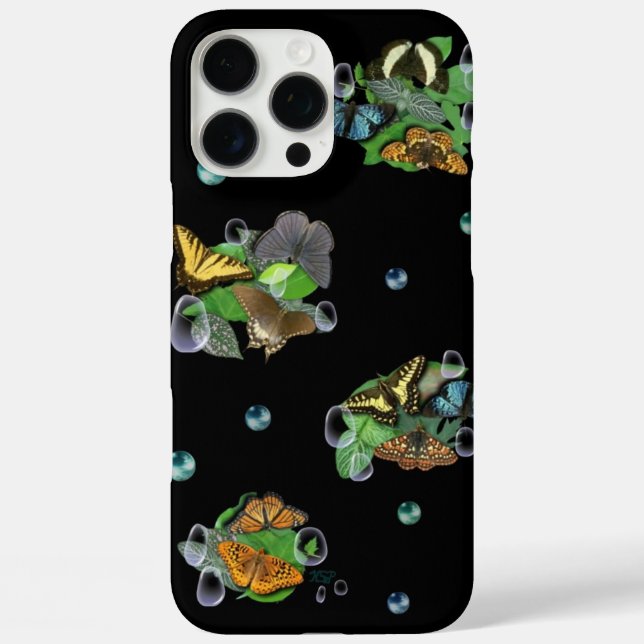 Funda iPhone 16 Pro Max Mariposas con hojas, lluvias, estrellas y perlas (Reverso )