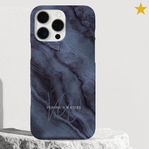 Funda iPhone 16 Pro Max Mármol Azul Elegante con Nombre Personalizado Mono
