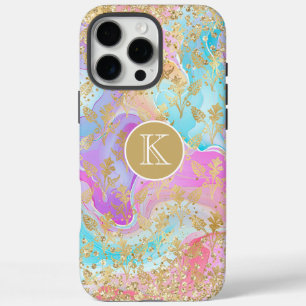 Funda iPhone 16 Pro Max Mármol Líquido Colorido Monograma Floral Dorado
