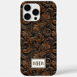 Funda iPhone 16 Pro Max Marrón Antiguo Cuero Grabado Monogramado