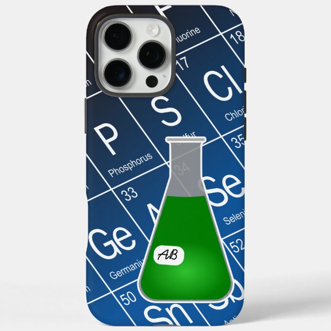 Funda iPhone 16 Pro Max Matraz de Erlenmeyer verde (con iniciales) Química (Reverso)