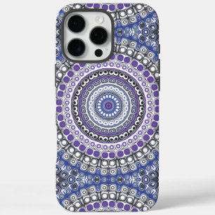 Funda iPhone 16 Pro Max Medallón Kaleidoscope de Mandala morada y azul