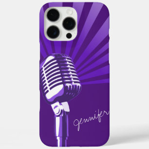 Funda iPhone 16 Pro Max Micrófono retro nombre personalizado gráfico púrpu