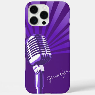 Funda iPhone 16 Pro Max Micrófono retro nombre personalizado gráfico púrpu