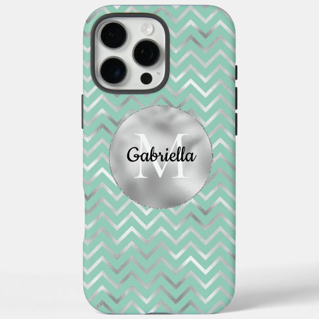 Funda iPhone 16 Pro Max Mint Silver Zigzag Stripes Monograma (Reverso)