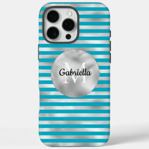 Funda iPhone 16 Pro Max Moda Aqua Silver Stripes Monograma